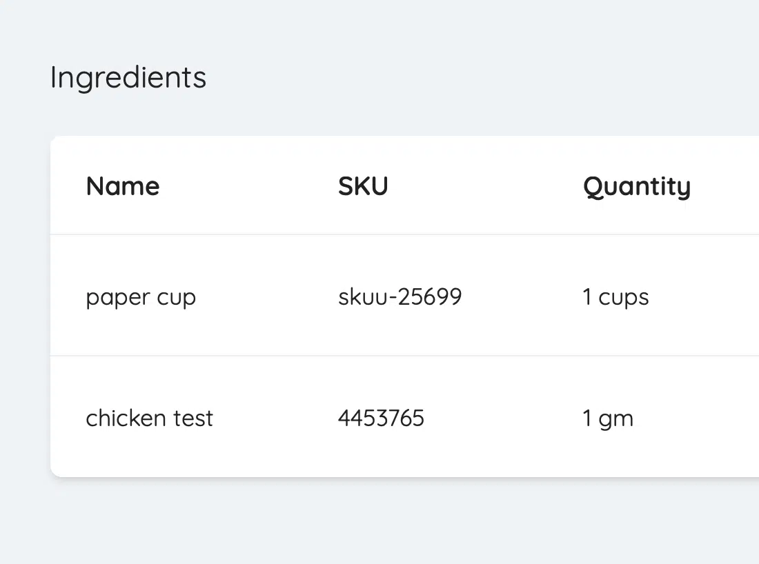 Menu Tracking, Items, ingredients