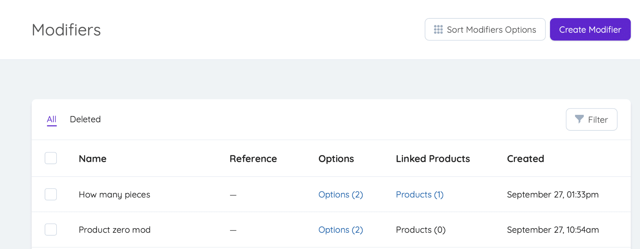 Modifier Options, Modifier Listings, Modifiers