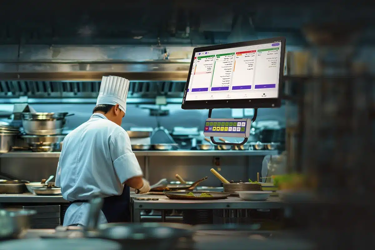 Traditional Iftar menu preparation in restaurant kitchen with modern display systems
