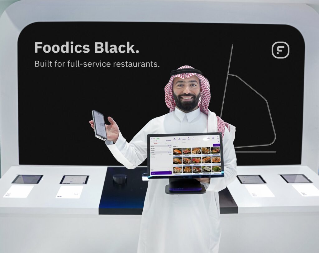 Foodics Black POS and waiter device at LEAP