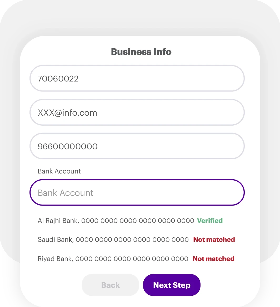 Confirm your pre-filled business and bank details.